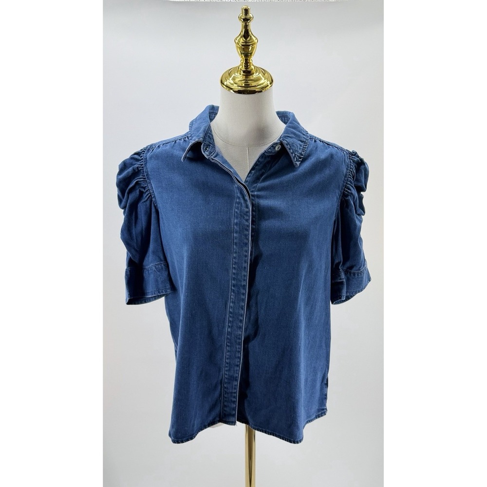 Sam Edelman Women's Ruched Puff Sleeve Denim Blue Button Up Blouse Size Medium M